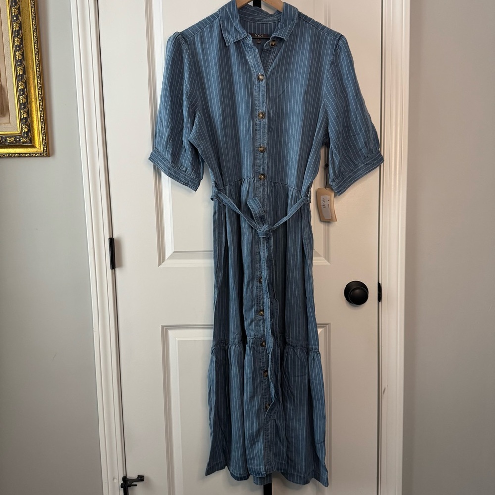 NYDJ Denim Shirt Dress Button Front Tie Waist Size Large NWT